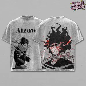 Shota Aizawa Dark Graphic Tee, My Hero Academia Anime Vintage Acid Washed, underground hero combat artwork, erased quirk intensity, oversized heavyweight cotton, anime streetwear