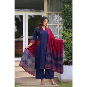 Blue Straight Indian 3 Piece Salwar Kameez Suit With Plazzo Pant