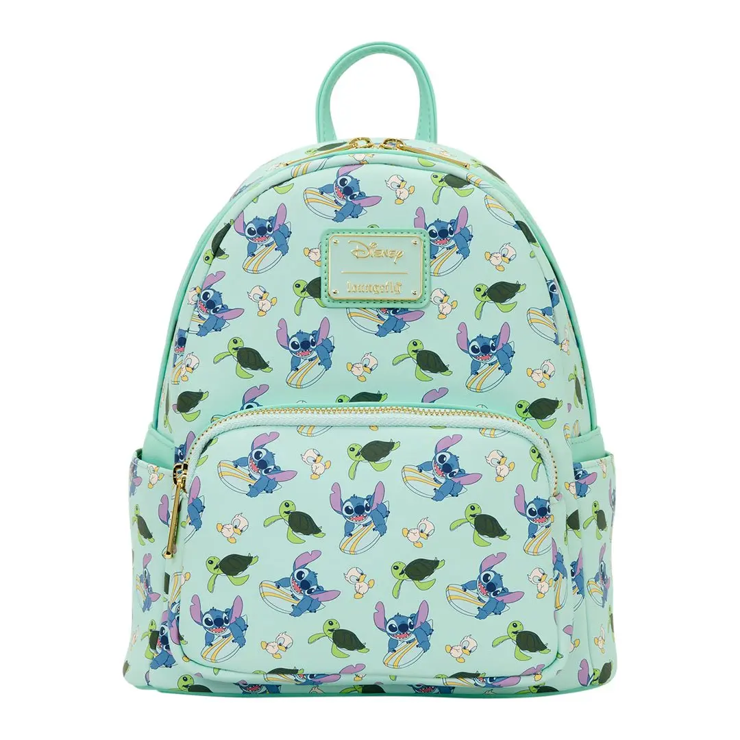 Faux Leather Character Mini Backpack with Animal Friends All-Over Print, Featuring a Surfing Alien and Duckling Appliques, Character Backpacks, Cartoon Character