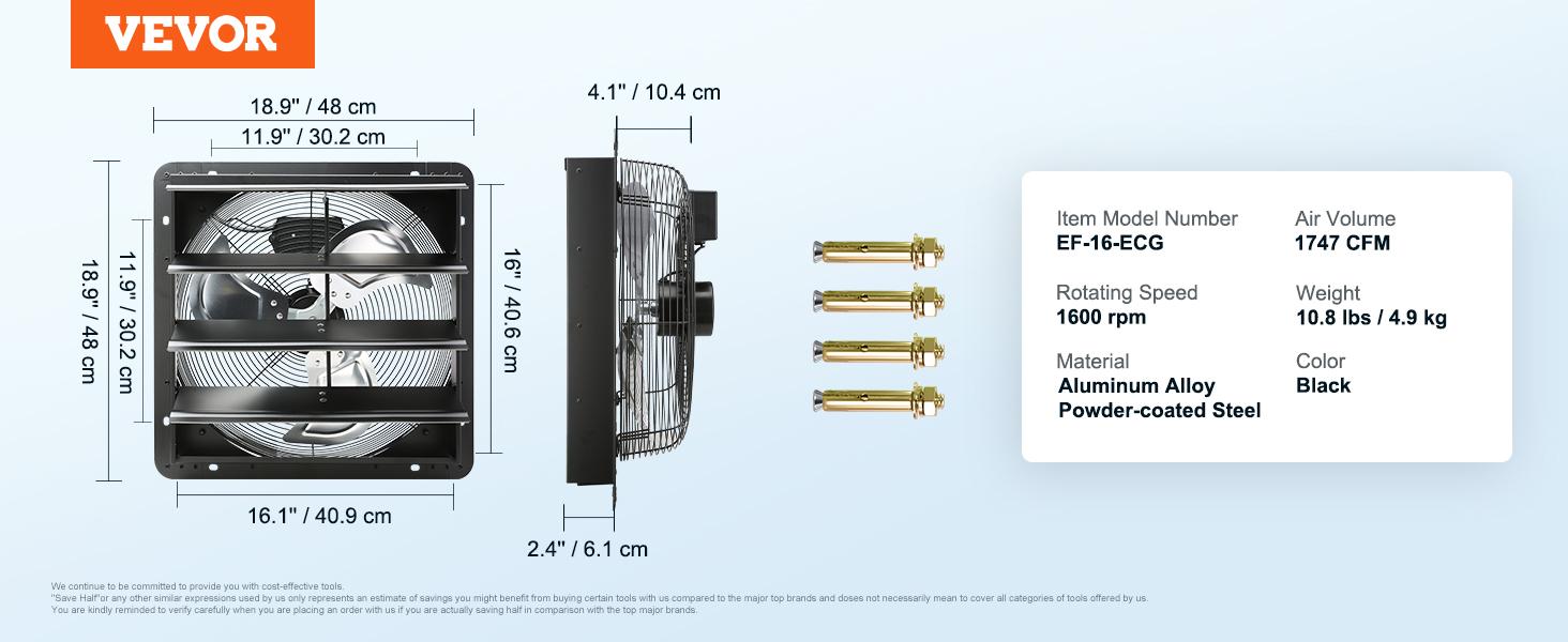 VEVOR Shutter Exhaust Fan,  16'' with Temperature Humidity Controller, EC-motor, 2650 CFM, 10-Speed Adjustable Wall Mount Attic Fan, Ventilation and Cooling for Greenhouses, Garages, Sheds, ETL Listed  With or without a controller