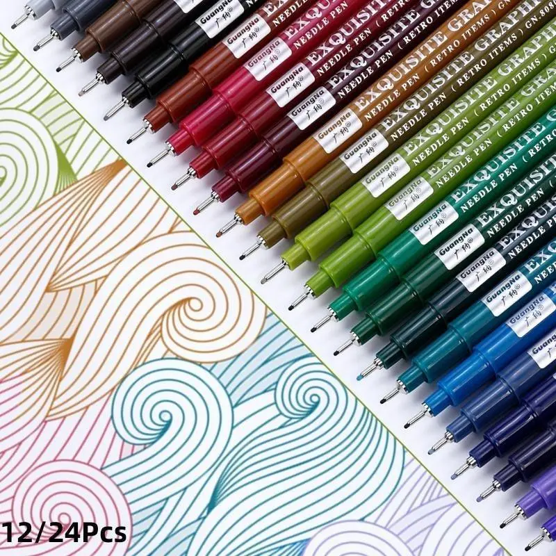 Needle Pen, Fine Point Pen with 12/24 Colors, Waterproof Archival Ink, 0.5mm Fineliner Ink Pens for Artist Illustration, Sketching, Anime, Manga, Technical Drawing and Scrapbooking, Fine Tip Markers, Marker Pen Set