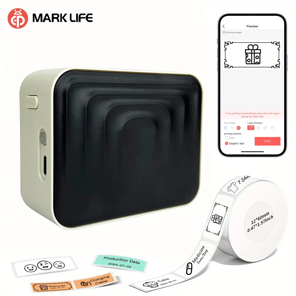 Marklife Mini Thermal Label Printer - Portable Wireless Handheld Device with User-Friendly Interface, Suitable for Office & Home Use, Ideal Valentine's Day Gift for Partners