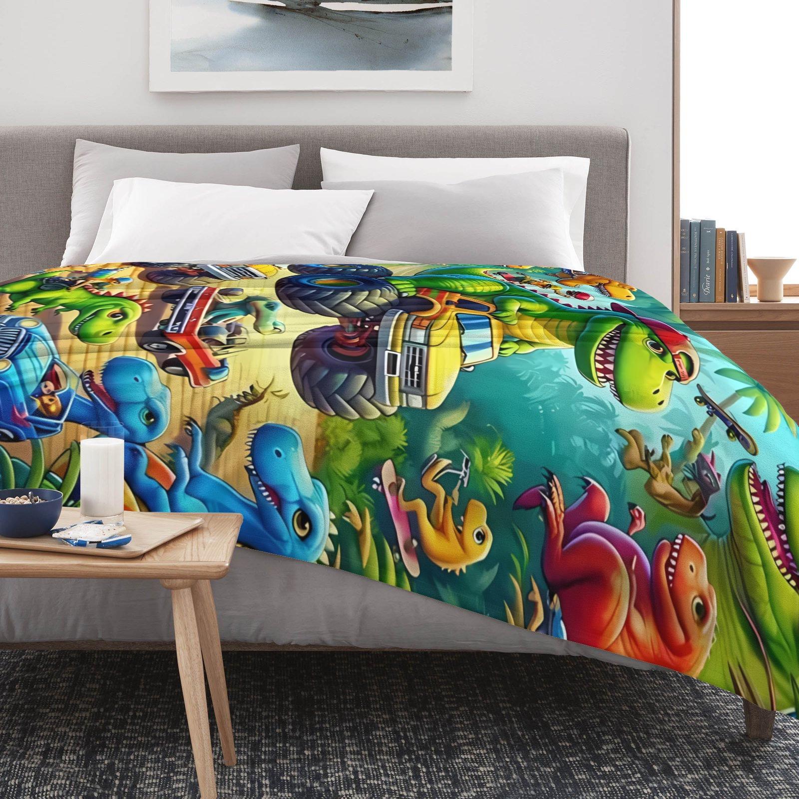 Soft and Fun Cartoon Dinosaur Pattern Blanket, Comfortable Dinosaur Truck Plush Blanket, Perfect for A Cozy Nap or Afternoon Nap in The Bedroom.