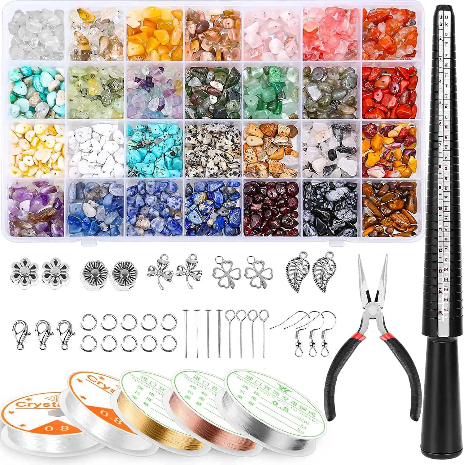 1 Complete Jewelry Making Kit with Rose Gold-Silver Irregular Charms, Opening Ring, Ear Pin, T-Pin, Multi-Color Copper Wire, Bead Pliers, Ring Measuring Tool for Bead Making, DIY Crafting