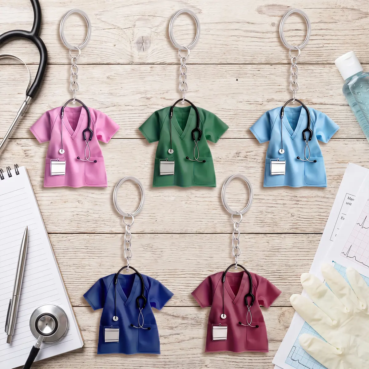 Cute Nurse Theme Acrylic Keychain - 2D Scrubs Uniform Charm with Stethoscope, Personalized Medical Daily Accessory for Nurse Friends, Hospital ID Badge Decoration, Bag Pendant, Cute Charm