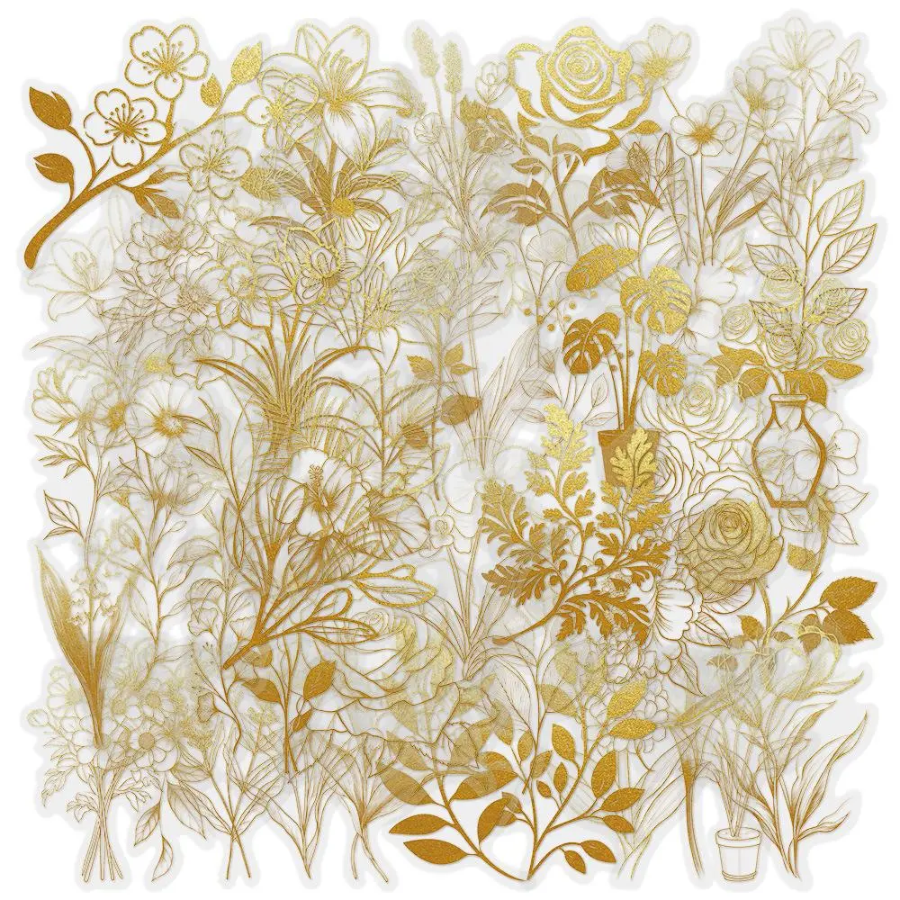 Plant Pattern Stamp Sticker, 50pcs/set Gold Foil Plant Series Sticker, Decorative Sticker for Craft, Scrapbooking, Journaling, Gift Wrapping, Art Stickers, Floral Pattern Sticker, Sticker Packs