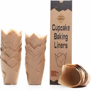100 Counts Natural Tulip Cupcake Liners for Baking Cups, Food Grade Parchment Paper Muffin Liners Holders, Standard Tulip Cupcake Liners, Greaseproof Cup Cake Wrappers for Party, Christmas