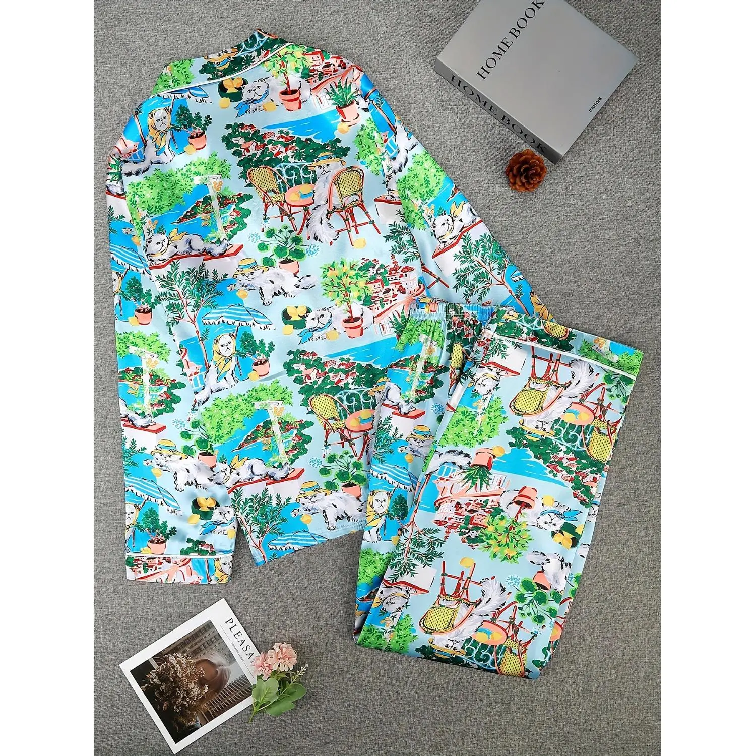 Cozy Cat Design Pajama Set for Women in Plus Sizes - Long Sleeve Top And Pants, Soft 2-In-1 Sleep And Lounge Wear