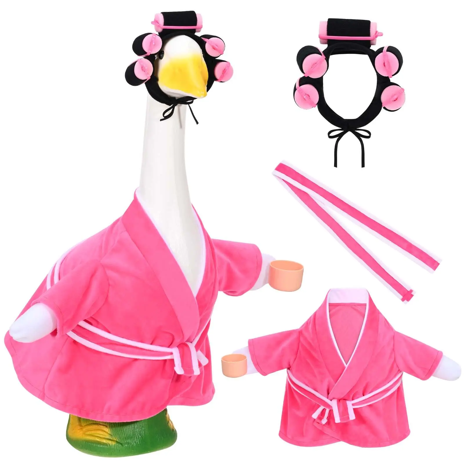 Porch Goose Old Lady Outfit Creative Plastic Goose Bathrobe with Curlers, Belt for Outdoor Garden Yard