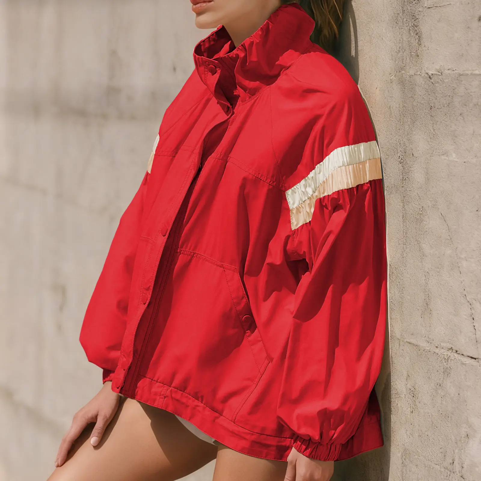 Women's Retro Windbreaker Jacket - On Sale! Patchwork Design Elastic Cuffs Adjustable Drawstring Hem Lightweight Casual Outerwear Red Coats fur coats for women leather jacket women jacket for women puffer jacket puffer SummerVibes women graphic jackets