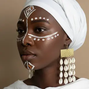 32/ SQUARE: 100% handmade natural cowries shell earrings with an accent of Gold brass material.Crafted by west Africans jewelry artisans to boldly standout and celebrate beauty  and heritage in a fashionable way.