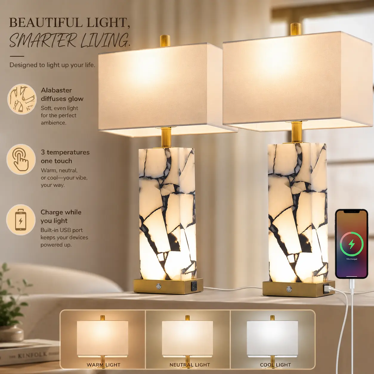 Chic Aesthetic Table Lamp Set (2-Pack) - Natural Marble Base Table Lamps with Alabaster Shades, 3-Color Adjustable Temperature, Nightlight, Built-in USB Port, Touch Control, Bulb Included for Bedroom Nightstands, Cool White Compatible