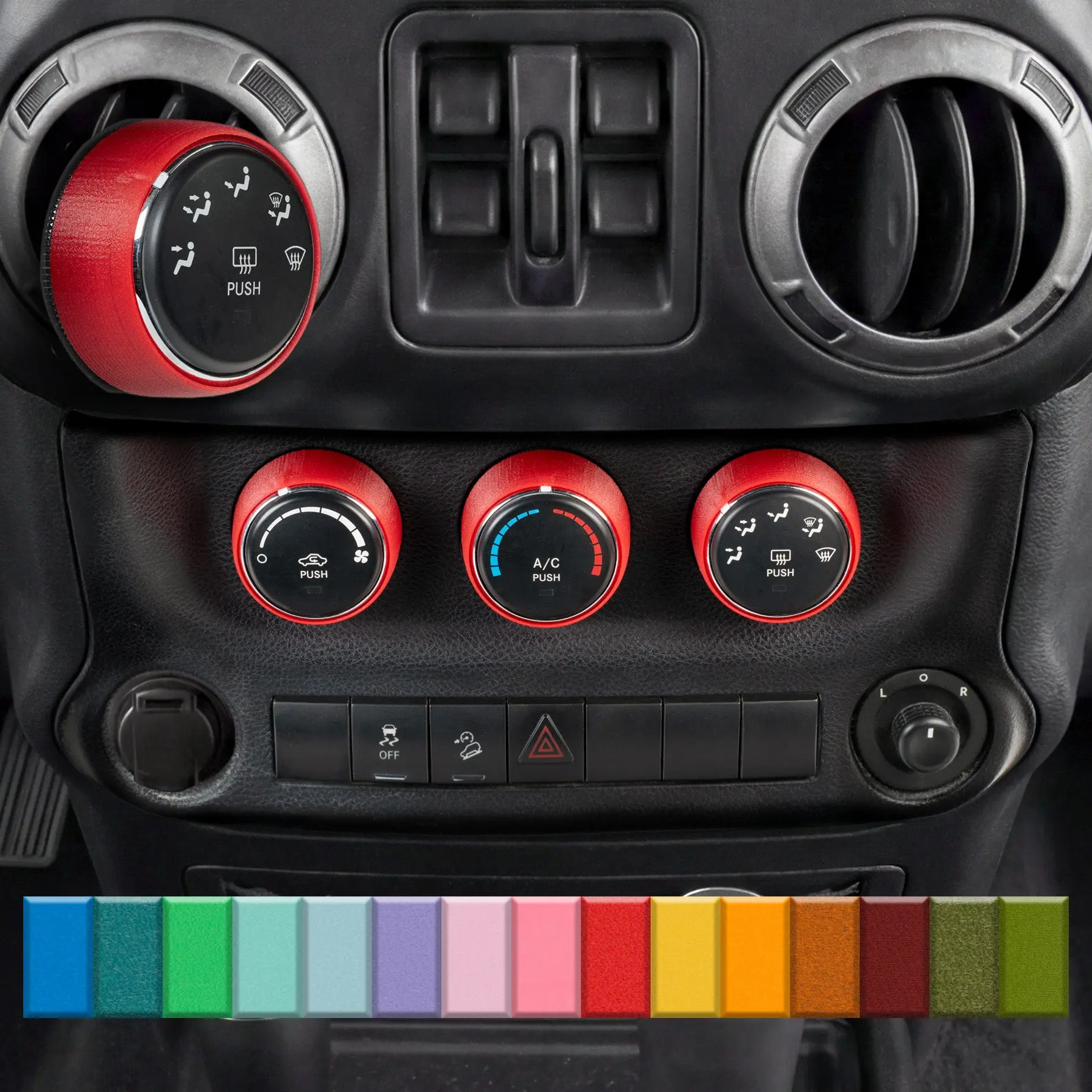 For Jeep Wrangler 2011-2018 JK - Knob Press-Fit Covers | 3-Knob Set Choose Your Color! Precision Fit For a Snug Fit That Stays In Place With No Tape or Adhesive. Made with High Quality Materials That Won't Warp or Fade! Made In The USA