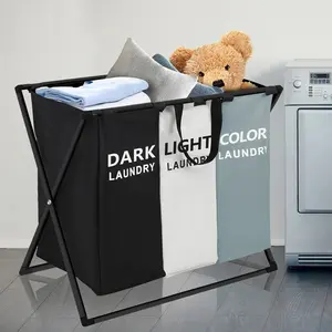 3 Sections Divided Laundry Basket Large Laundry Hamper Foldable Washing Bin Dirty Cloth Storage Bag Home Storage