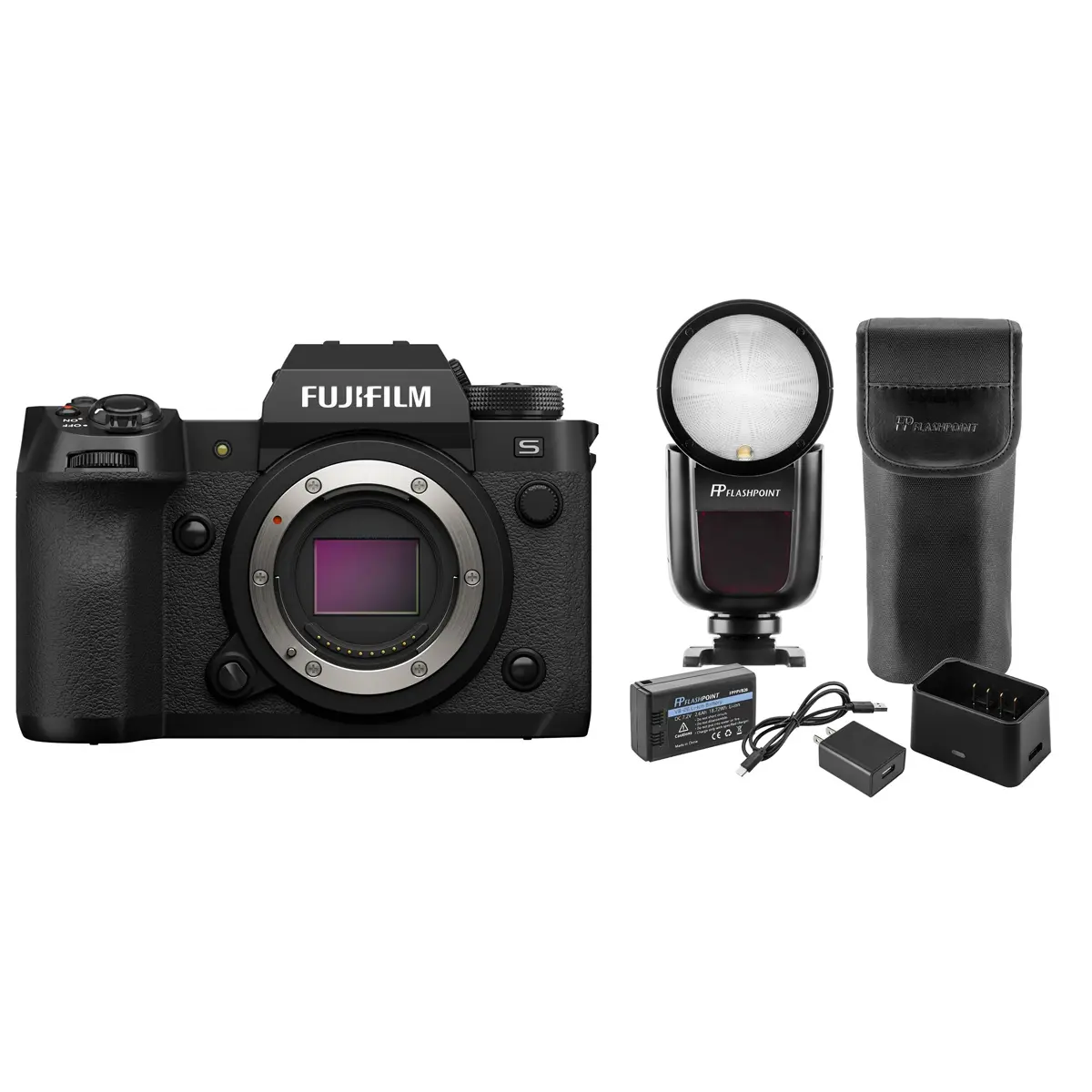Fujifilm X-H2S Digital Mirrorless Camera (Black) with Built-in Memory & Flashpoint Zoom Li-ion X R2 TTL On-Camera Round Flash Speedlight, Compact