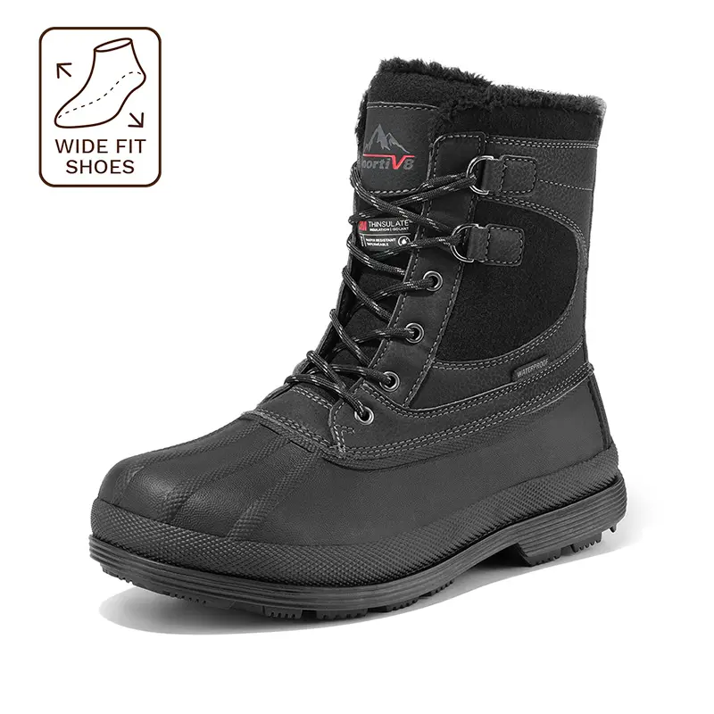 NORTIV 8 Men's Wide Fit Waterproof Winter Snow Boots - Cuban, Plain, Round Toe, High-Back Rubber Outdoor Footwear with Synthetic Toe Cap Guards, Slip-Resistant Closed Comfort Walking Shoes