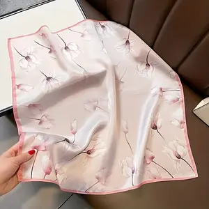 Women’s Pink Floral Square Silk Scarf - Female Glamorous Artsy Pastoral Style Accessory, Daily Decor for Bags, Hair Bands, Suitable for Spring, Summer, Autumn