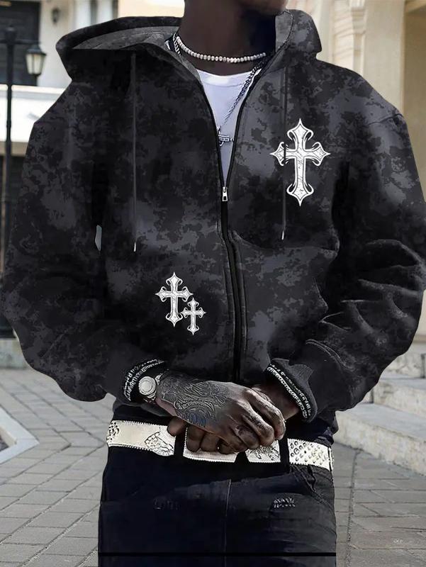 Spring and Autumn New Men's Jacket Cross Printed Pattern Zip Pocket Regular Large Size Travel Holiday Outdoor Camping Men's Top Clothes