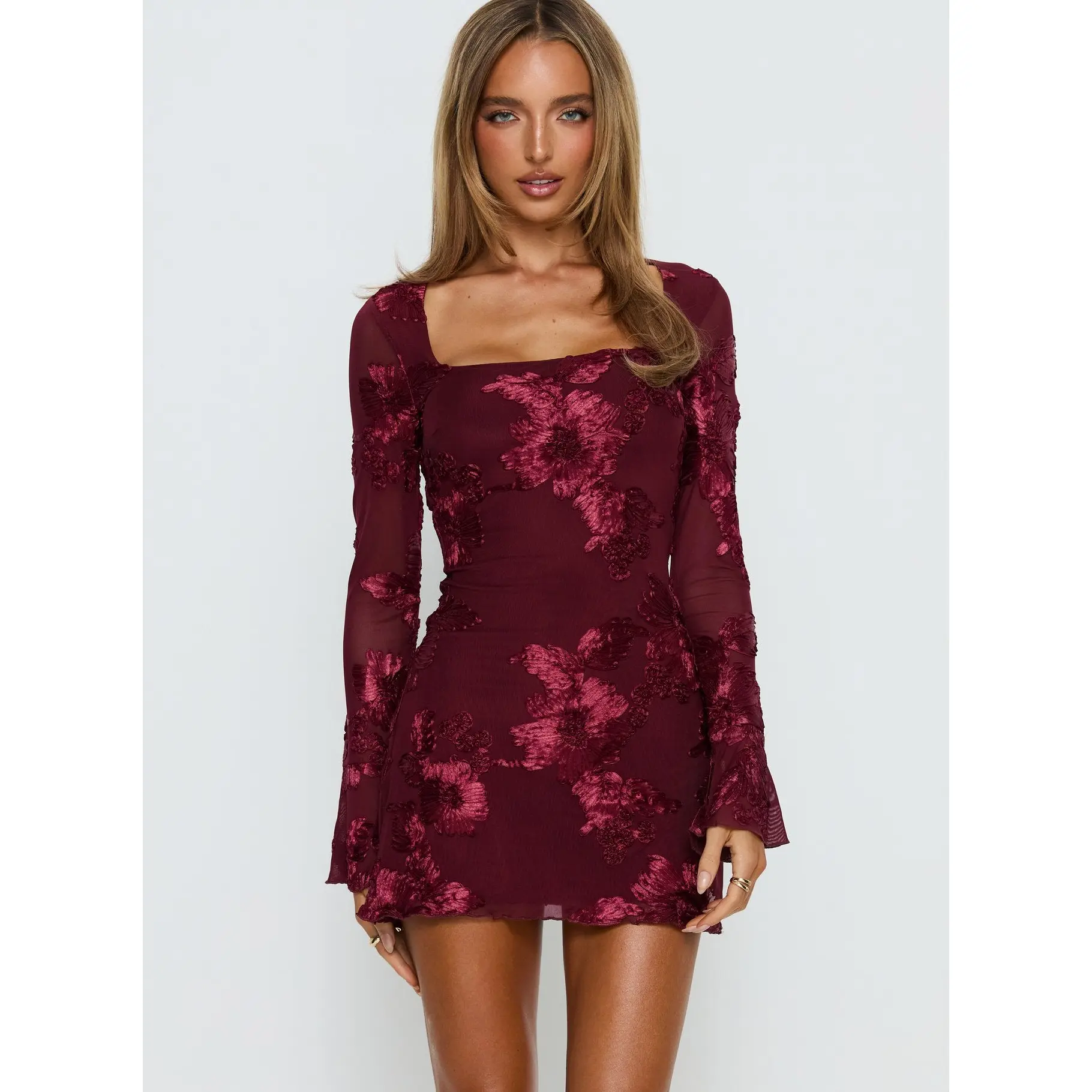 Better Love Long Sleeve Mini Dress Burgundy Floral