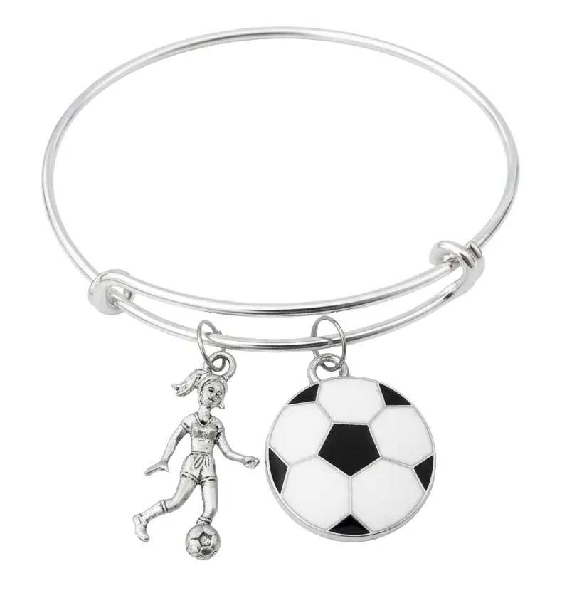 Soccer Player Charm Bracelet, Girl Soccer Jewelry with Ball Charm, Adjustable Silver Bangle Gift for Athletes
