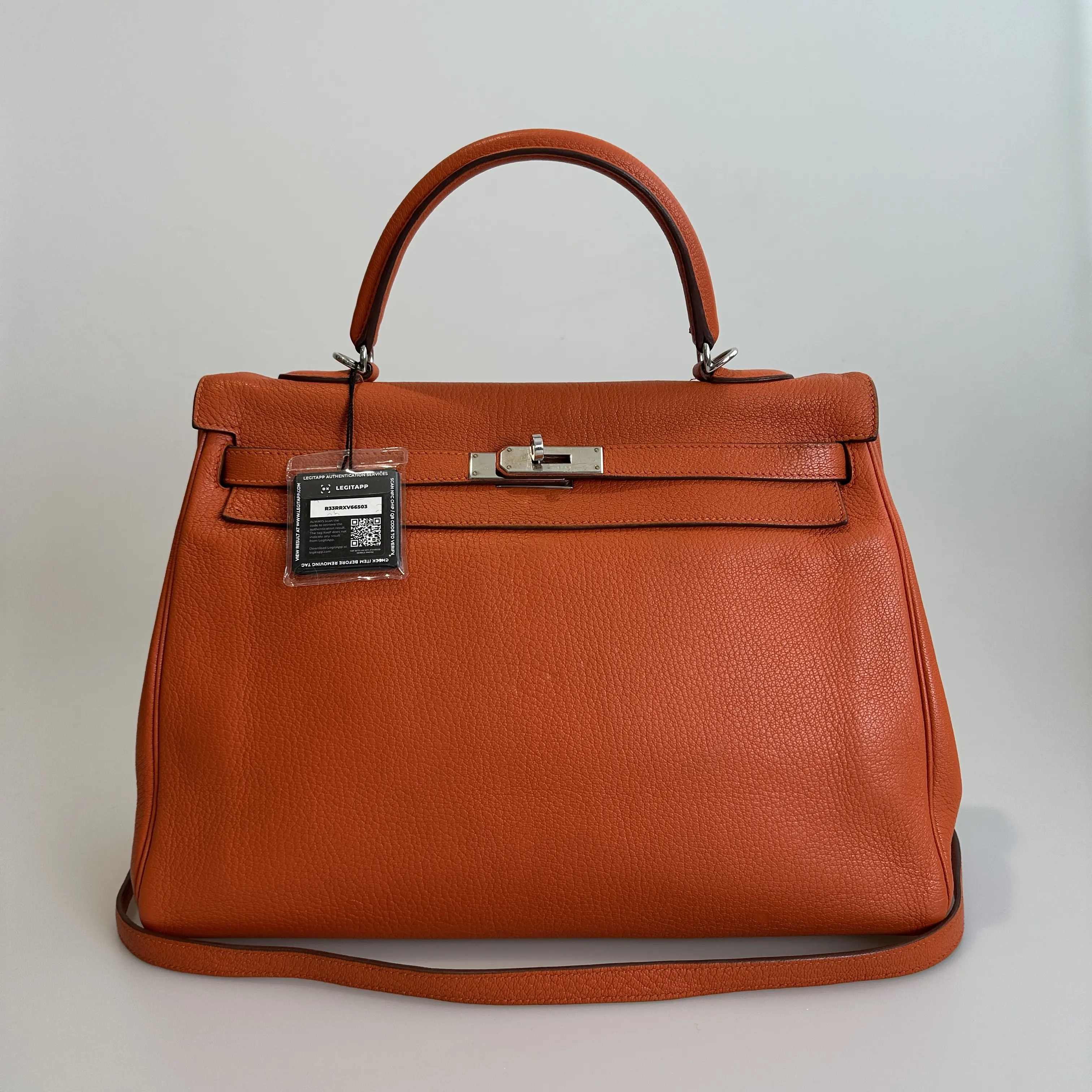 Pre-owned HERMÈS Togo Top Handle Bag Kelly 35 Orange H Silver tone Clasp 68782191