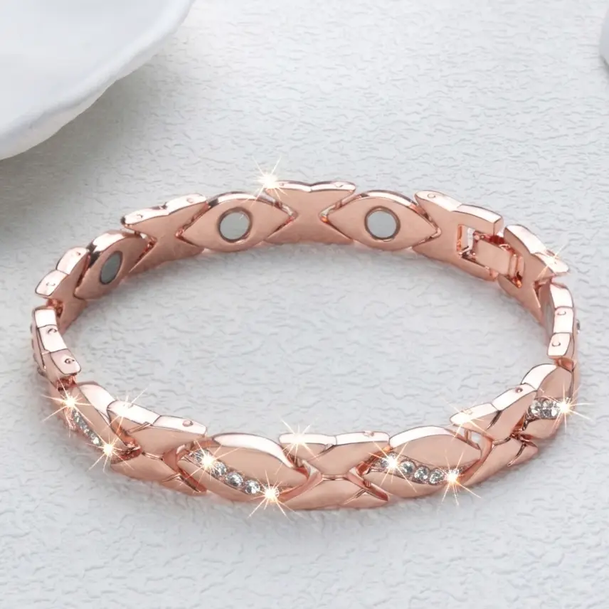 Pure Copper Magnetic Bracelet for Women with Dainty Leaf Design & Diamond Accents - Adjustable 3500 Gauss Feminine Gift, Adjustable Bracelets, Pure Copper Bracelets