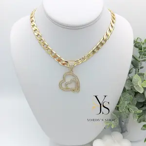 Yordy Cuban link chain 8mm thick and 20 inches long, with heart charm, 14k gold plating, high quality