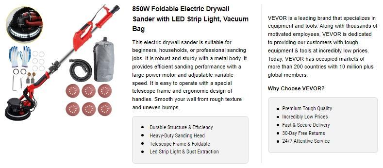 【Father's Day】VEVOR Drywall Sander 850W, Variable Speed 800-1750 RPM, Foldable Sheetrock Sander with Telescope Handle, LED Strip Light, Vacuum Bag & Gloves Heavy Duty Power Tools