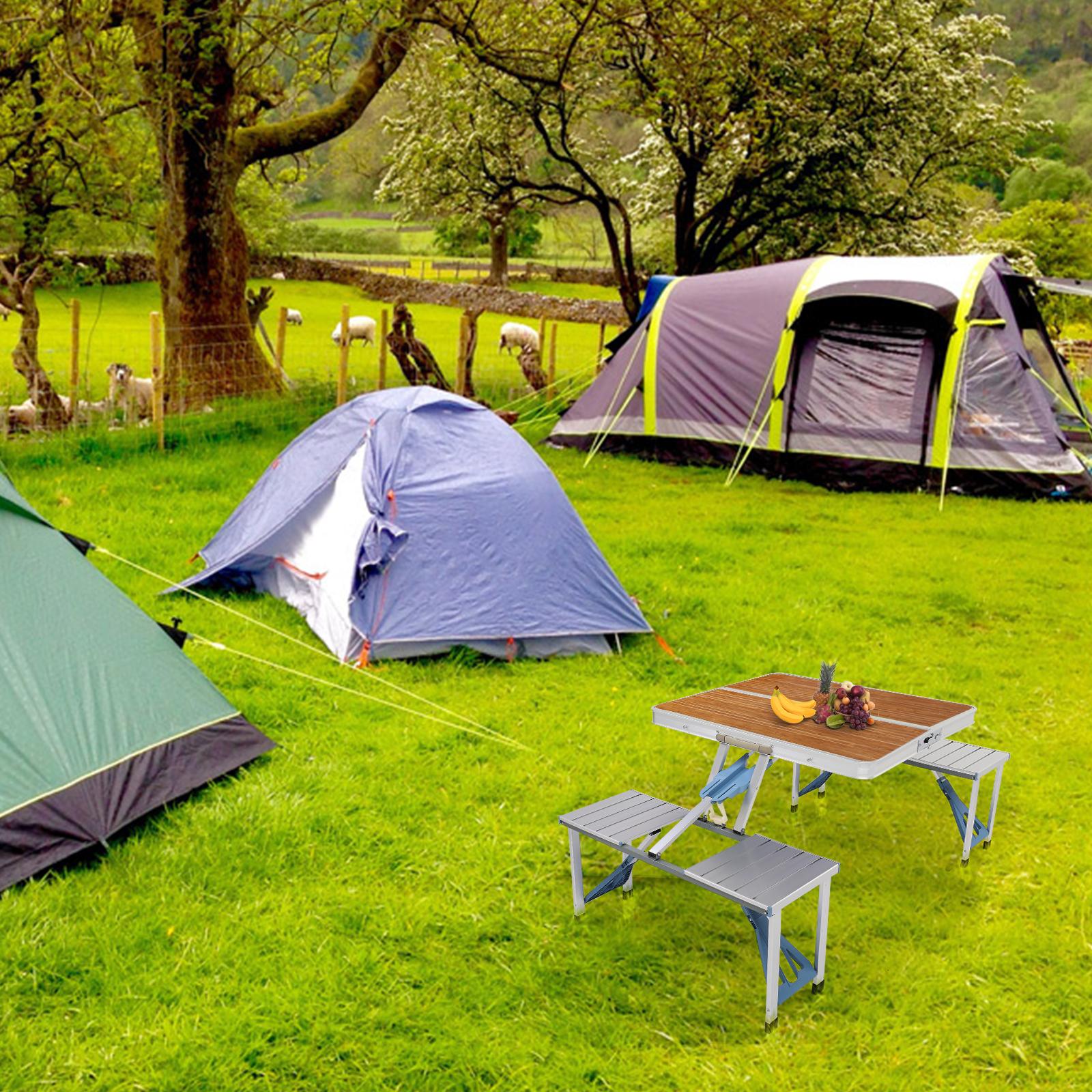 VINGLI 4 Ft Camping Picnic Table Set with 4 Seats, 220 Lbs Support Aluminum Frame, Foldable Suitcase Design with Umbrella Hole, for BBQ, Travel, Outing, Gathering, RV