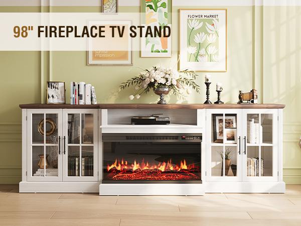 【2 Packages Shipping】 oneinmil 98" Farmhouse TV Stand with 36" Fireplace for TVs up to 100", Media Entertainment Center with Adjustable Shelves and Large Storage Cabinets, for Living Room, White & Black 【2 Packages Shipping】 oneinmil 98" Farmhouse TV Stand with 36" Fireplace for TVs up to 100", Media Entertainment Center with Adjustable Shelves and Large Storage Cabinets, for Living Room, White & Black