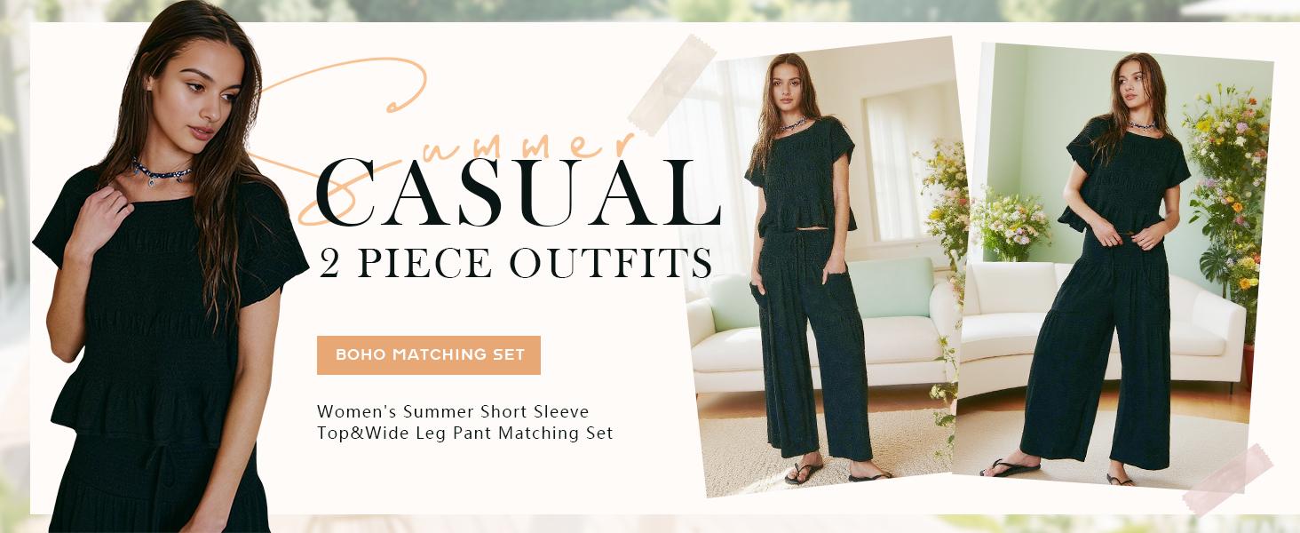 Yeokou Women’s  2-Piece Smocked Top & Wide-Leg Pants Set–High-Waisted Lounge Teacher's Outfit with Pockets Casual Boho Matching Set