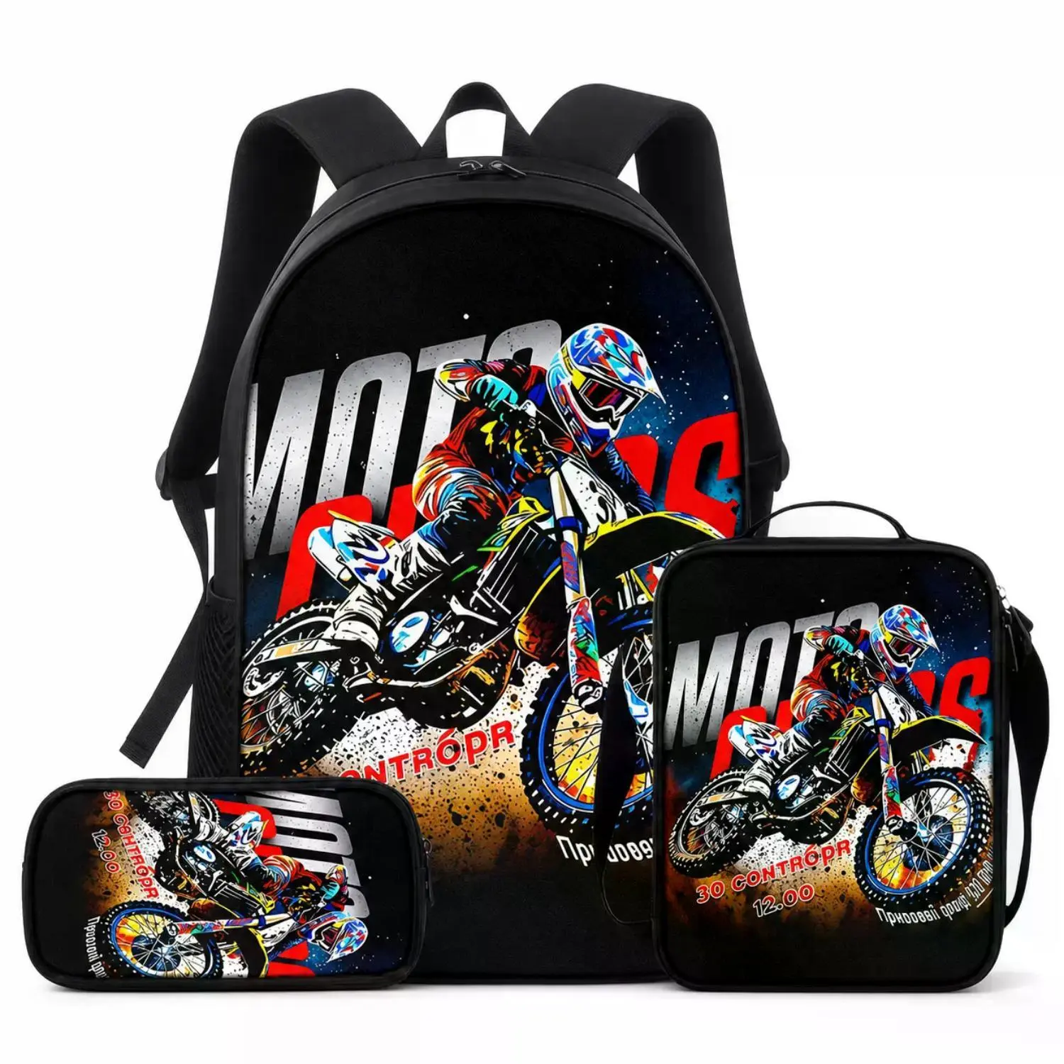 Motocross Rider 3-Piece Backpack Set for Kids & Teens - Dirt Bike Racing School Bookbag with Lunch Bag & Pencil Case, Action Sports Travel Daypack, Perfect Back-to-School Racing Gift