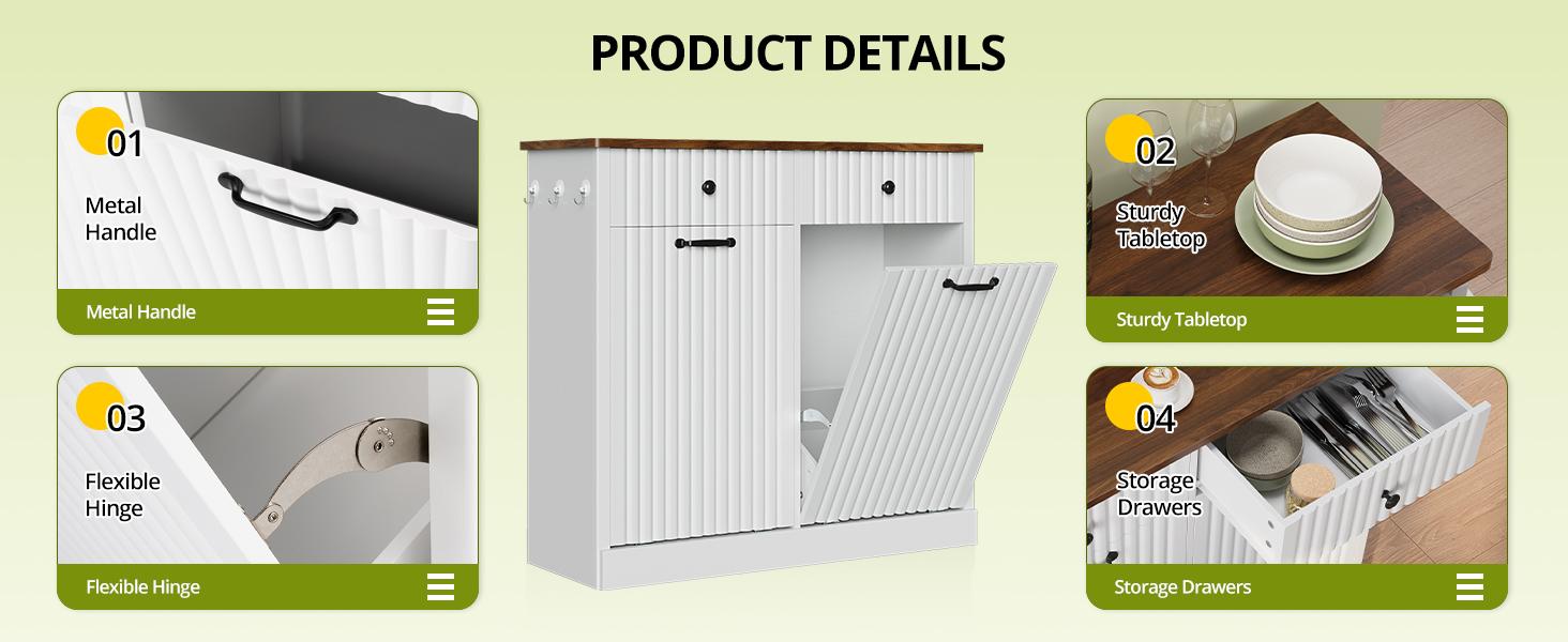 Double Tilt Out Trash Can Cabinet, 20 Gallon Fluted Laundry Hamper Cabinet with 2 Drawers, Wooden Hidden Garbage Can Cabinets for Kitchen, Living Room, Without Trash Bin or Laundry Hamper,Black