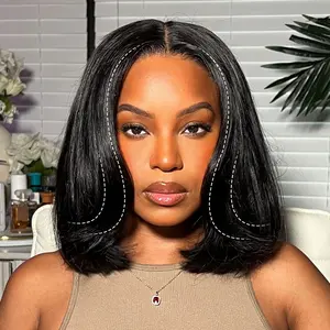 OQ Hair 9x6 TPart Layered Cut Wear Go Wigs 220% Density Yaki Straight Short Bob Wig Human Hair Pre Bleached Tiny Knots With Drawstring