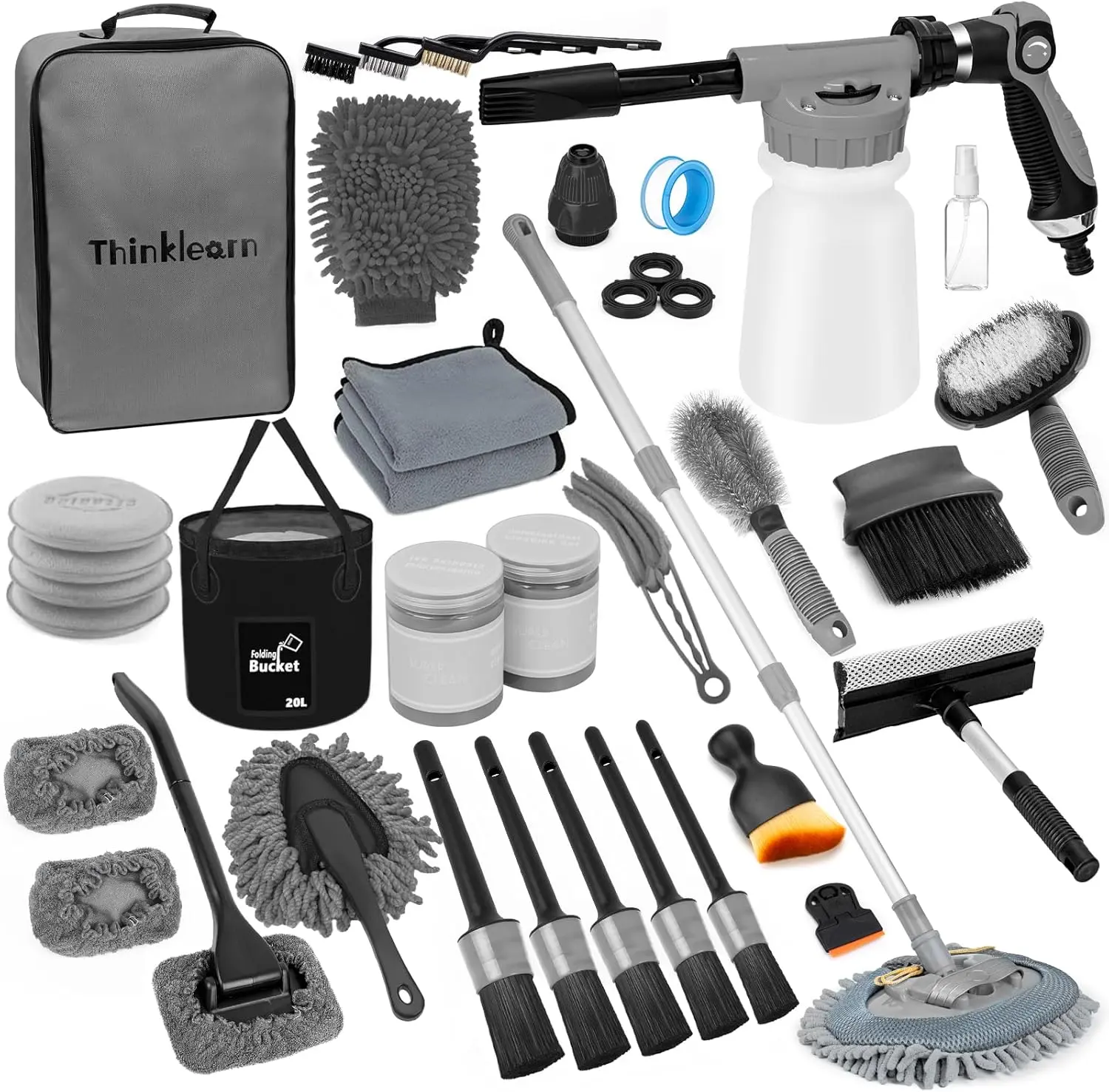 THINKLEARNCar Wash Detailing Kit with Foam Gun, Car Cleaning Kit Set,Car Wash Brush with Long Handle, Large Folding Bucket for Interior Exterior Car Wash Supplies, Car Gift Set Gray