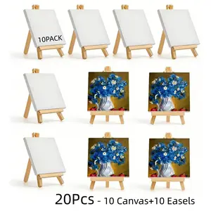 20Pcs 4 x 4 Inch Mini Canvas & Easel Set - 10 Stretched Canvas & 10 Easel, for Oil, Acrylic & Watercolor,Perfect for Beginners, Hobbyists ,Kids Classroom Crafts,Painting Valentine's Day Craft Gifts & Easter party,Creative Work space Set up 20-piece ar