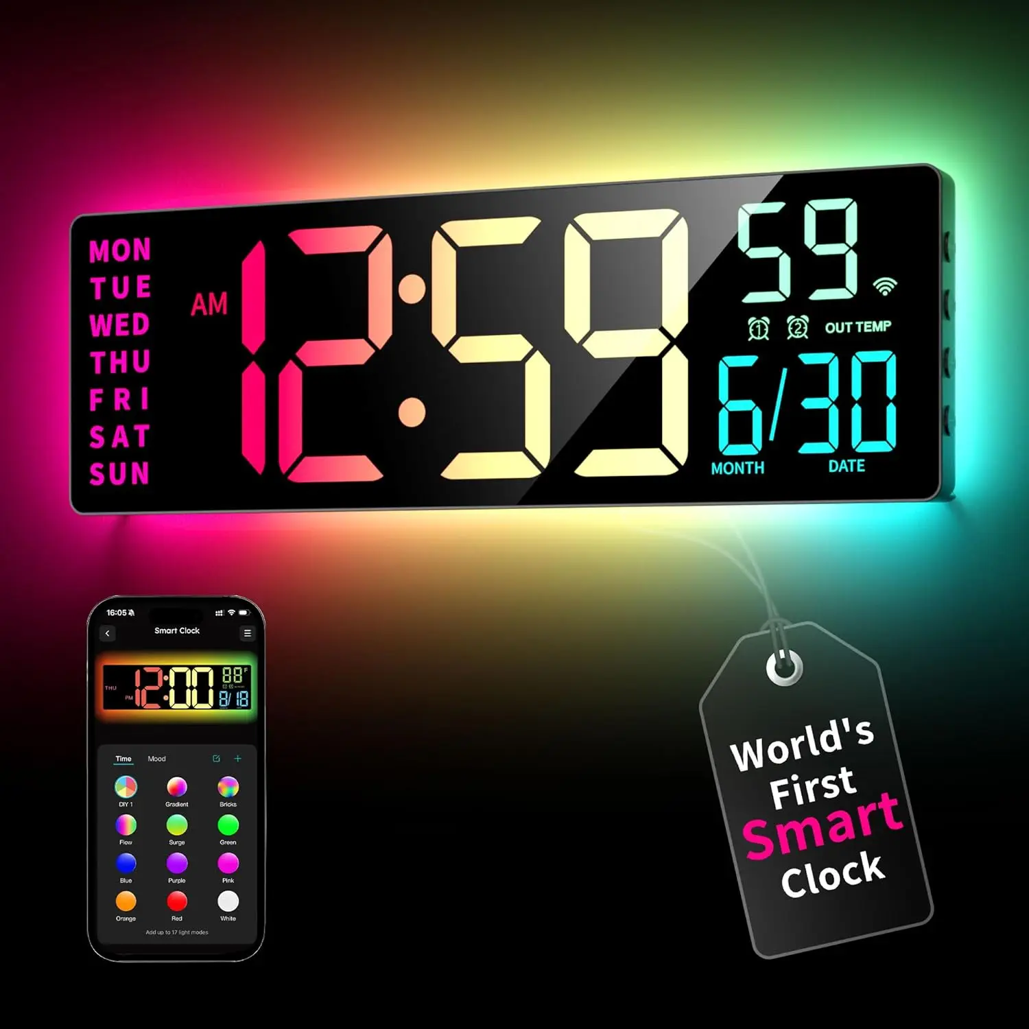 <RGB Vibes for Match Night>EASYERA 16.5" Smart Digital Wall Clock with App & Alexa via WiFi, Large RGBIC Wall Clock with Multiple DIY Color and Music Sync, LED Display, Auto DST, Plug-in Clocks for Classroom Home Gaming, Kitchen Craft Room