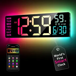 EASYERA 16.5" Smart Digital Wall Clock with App & Alexa via WiFi, Large RGBIC Wall Clock with Multiple DIY Color and Music Sync, LED Display, Auto DST, Plug-in Clocks for Classroom Home Gaming, Kitchen Craft Room, Game-Changer for Seniors & Elderly & Kids