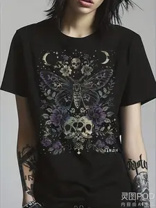 Men' & Women' Gothic Moth Skull T-Shirt - Dark Academia Bat Rose Card Print Loose Fit Short Sleeve Top with Moth & Skull - Unisex Casual Wear for Gym, Outdoor, Parties - Year-Round Gothic Clothing