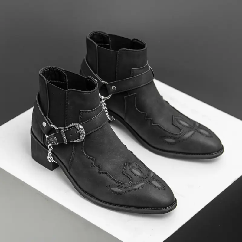 Ubetif Men's Western Chelsea boots with Embroidered Design High-Heeled Ankle Boots Slip-Resistant Square Toe Chunky Heel Durable Fashionable Retro Classic Walking Shoes for Daily Wear Fathersdaygift - Black Closed tiktokshopbacktoschool Boy Footwear