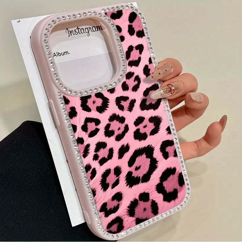 Pink Leopard Print Smartphone Casing - Large-Hole Rhinestone Star Frame, Shockproof Non-Slip TPU, Full-Coverage Lens Protection, Screen Protector Accessory for iPhone 13/12/11/14/15/16/17 Series, Handheld Devices Gift for Friends, Accessories