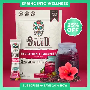 Salud 2-in-1 [Hydration & Immunity - Jamaica | Hibiscus] 400mg Electrolytes, 250mg Wellmune, 100mg Elderberry, Dairy & Soy Free, Non-GMO, Gluten Free - Healthcare, Vitamin (15 Servings), Spring Glow Up