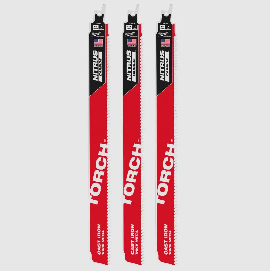 Milwaukee 48-00-5363 Torch SAWZALL Blade Set - 3PC 12-in 8 TPI, 5x Life, Longest Life, Better Heat Dissipation, for Demolition & Thick Metal Cutting