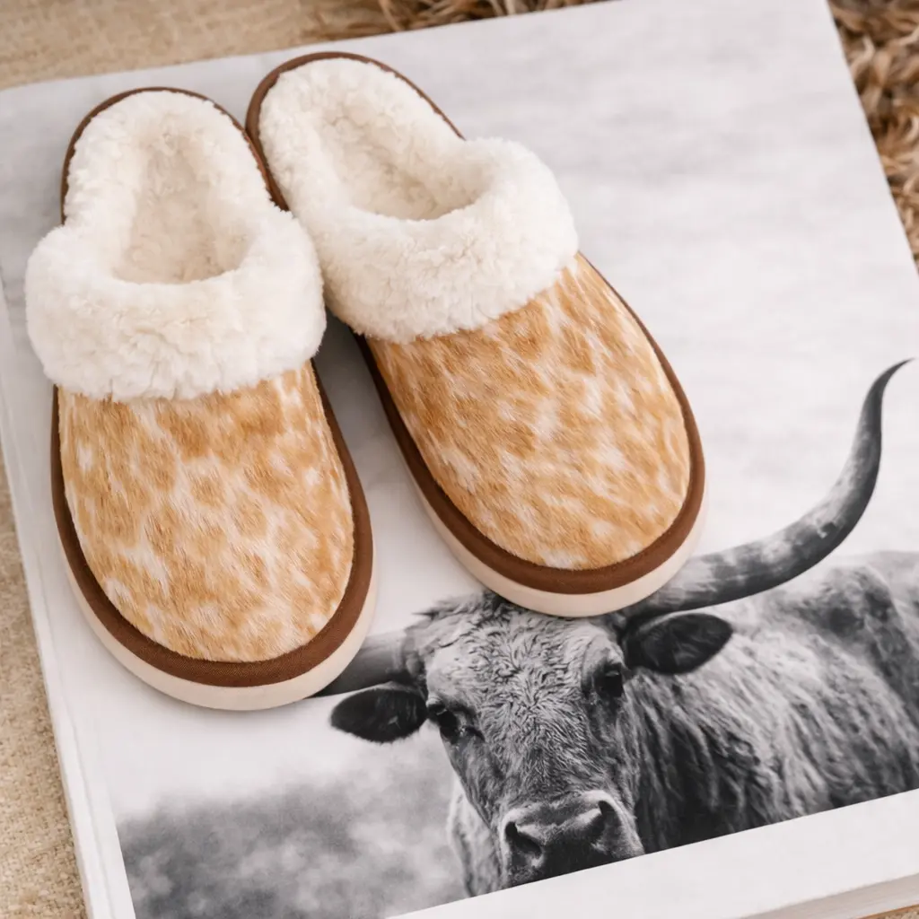 BROWN HAIR-ON-HIDE SCUFF SLIPPER, Brown & White Hide, Leather, Footwear, Unique, Slip On, Any, All Seasons, Hair-On Leather, Casual Mules, Flat Sole, Slide, Soft, Women, Round Toes, Unique Patterns, Home, Animal Print