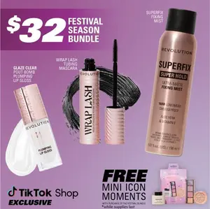Revolution Festival Season Bundle: includes the Pout Bomb Plumping Gloss, Wrap Lash Tubing Mascara, & Superfix Misting Setting Spray