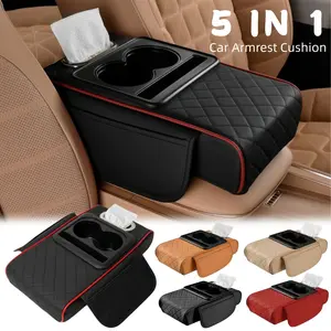 5 in 1 Car Armrest Cushion Pad with Tissue Box Slot & Cup Holder & 2 Pocket, PU Leather Car Middle Center Console Box Armrest Cover Hand Rest Pad Mat Protector Top Universal For BMW Chevy Ford Honda Jeep Nissan Toyota Mercedes-Benz Hyundai Volkswagen
