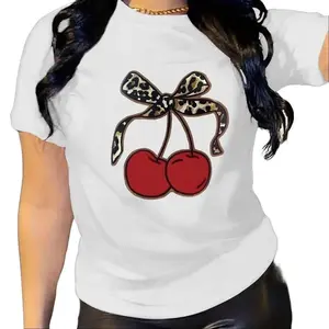 Women's Cherry Bow Print T-Shirt Casual Crew Neck Tops Unisex Vintage Graphic T-Shirt for Summer Streetwear summer outfits