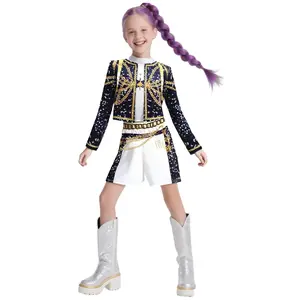 K-Pop Girls Costume Set 3pcs Rumi Mira Role Play Character-Based Crop Top All Seasons Fitted Kint Fabric Moderate Thickness Golden Costume for Kids Comfortable Fabric Superstar Outfit(3D printing patterns）