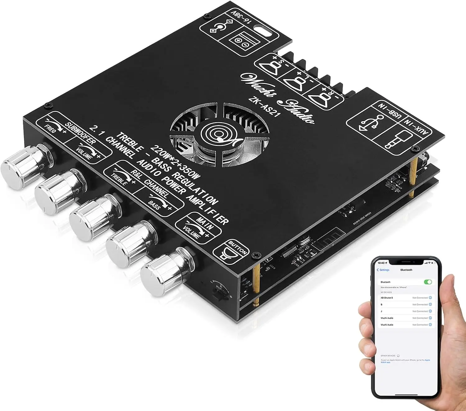 ZK-AS21 Bluetooth 5.1 Receiver Amplifier Board, 2.1 CH 220Wx2+350W HiFi Subwoofer Power Amplifier Module, DC16-38V, BT/USB/AUX Input, 30-220W 3-8Ohms for Home Speakers