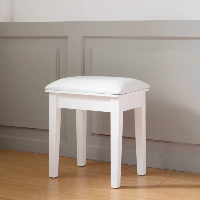 Armless White Leather Vanity Stool - Elegant Short Backless Design with Cushion, Solid Wood Legs, Anti-Slip Pads, Contemporary Indoor Furniture Dressing Bench, 264 lbs Load Capacity (Ideal for Playing Piano)
